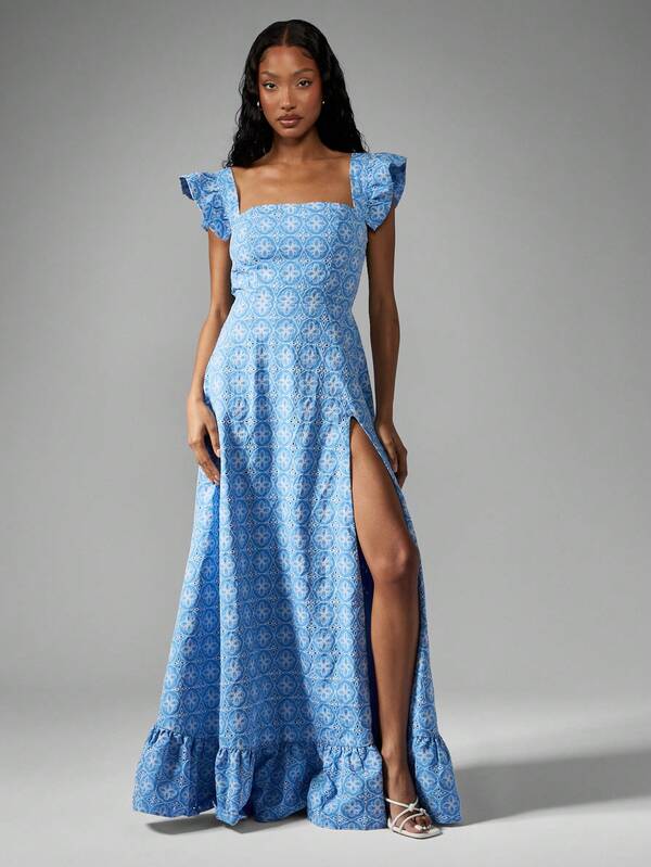 Missguided MISSGUIDED Designer Ruffle Sleeve Square Neck High Slit Floral Maxi Dress