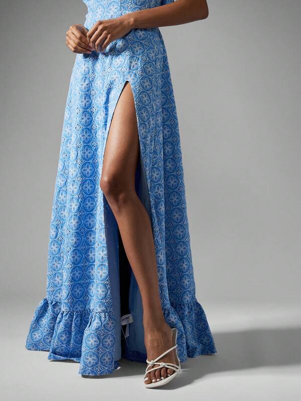 Missguided MISSGUIDED Designer Ruffle Sleeve Square Neck High Slit Floral Maxi Dress