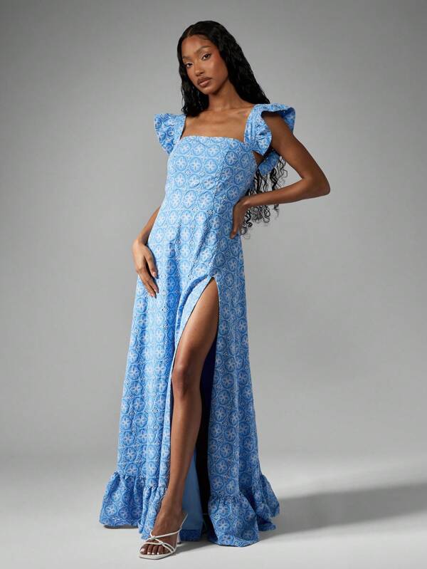 missguided MISSGUIDED Designer Ruffle Sleeve Square Neck High Slit Floral Maxi Dress