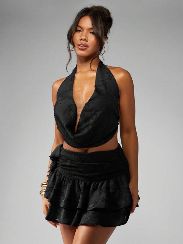 missguided MISSGUIDED Devore Chiffon Cowl Neck Halter Backless Ruffled Top