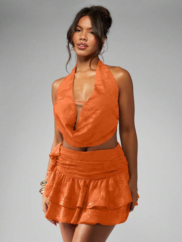 missguided MISSGUIDED Devore Chiffon Halter Cowl Neck Ruffle Sleeveless Top