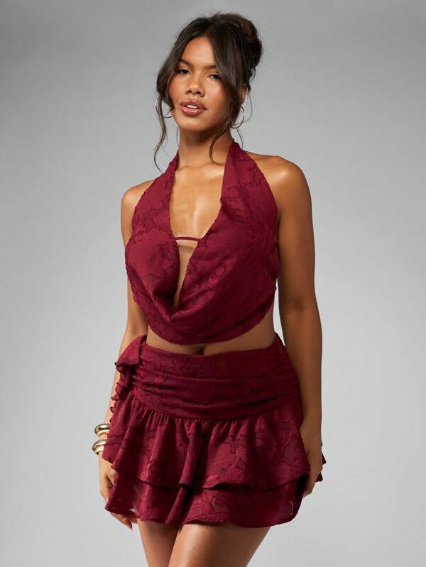 missguided MISSGUIDED Devore Chiffon Halter Cowl Neck Tie Back Crop Top