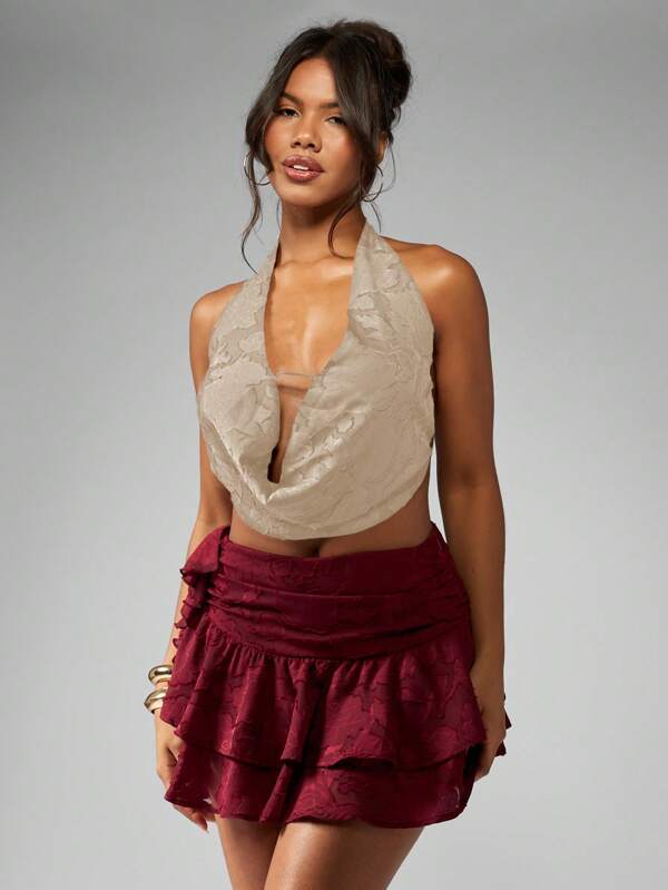 missguided MISSGUIDED Devore Chiffon Halter Neck Crop Top