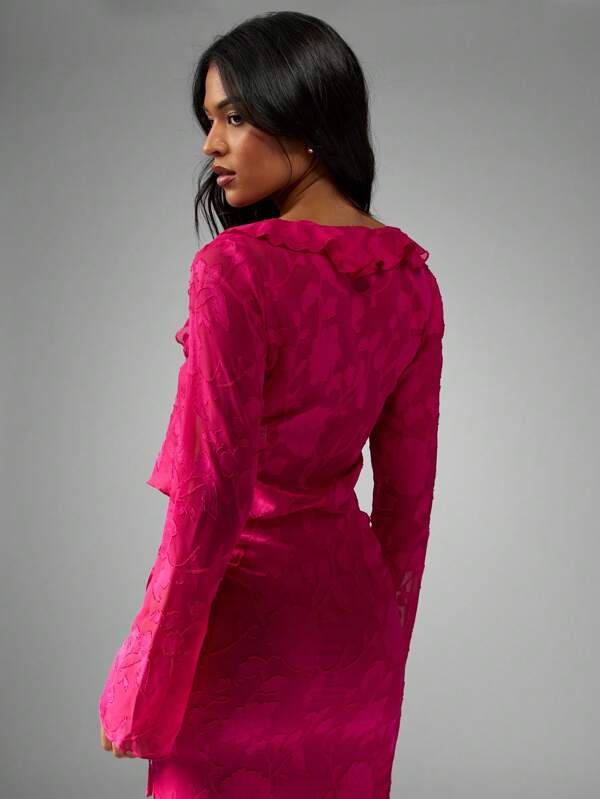 Missguided MISSGUIDED Devore Chiffon Long Sleeve Crop Top Features Ruffle V-Neck Tie Front