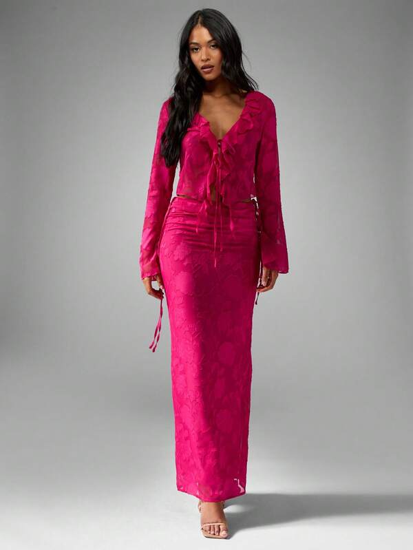 Missguided MISSGUIDED Devore Chiffon Long Sleeve Crop Top Features Ruffle V-Neck Tie Front