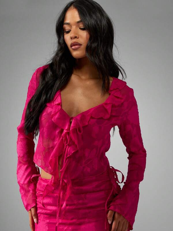 Missguided MISSGUIDED Devore Chiffon Long Sleeve Crop Top Features Ruffle V-Neck Tie Front