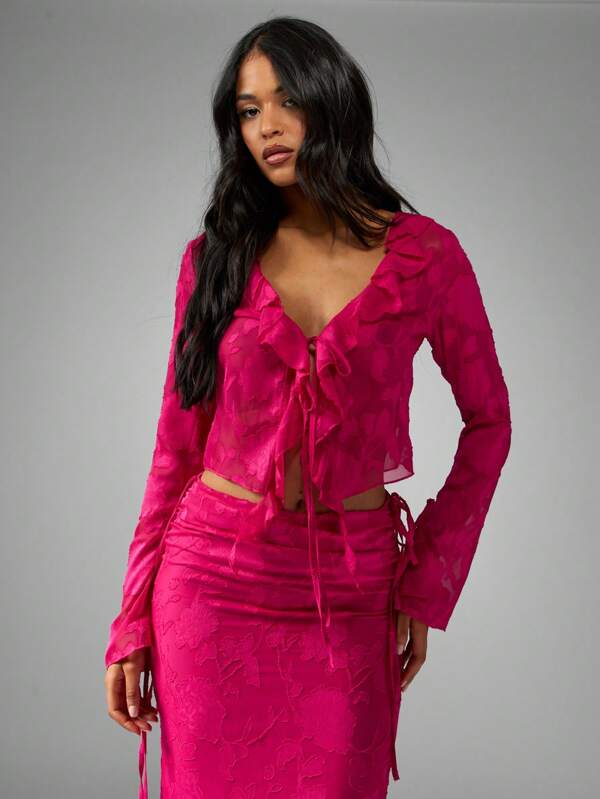 missguided MISSGUIDED Devore Chiffon Long Sleeve Crop Top Features Ruffle V-Neck Tie Front