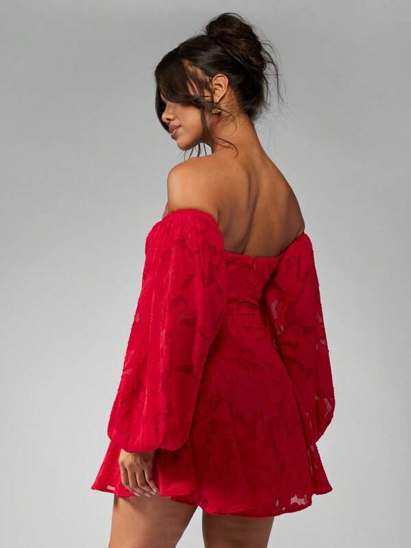 Missguided MISSGUIDED Devore Chiffon Off Shoulder Balloon Sleeve Mini Skater Dress