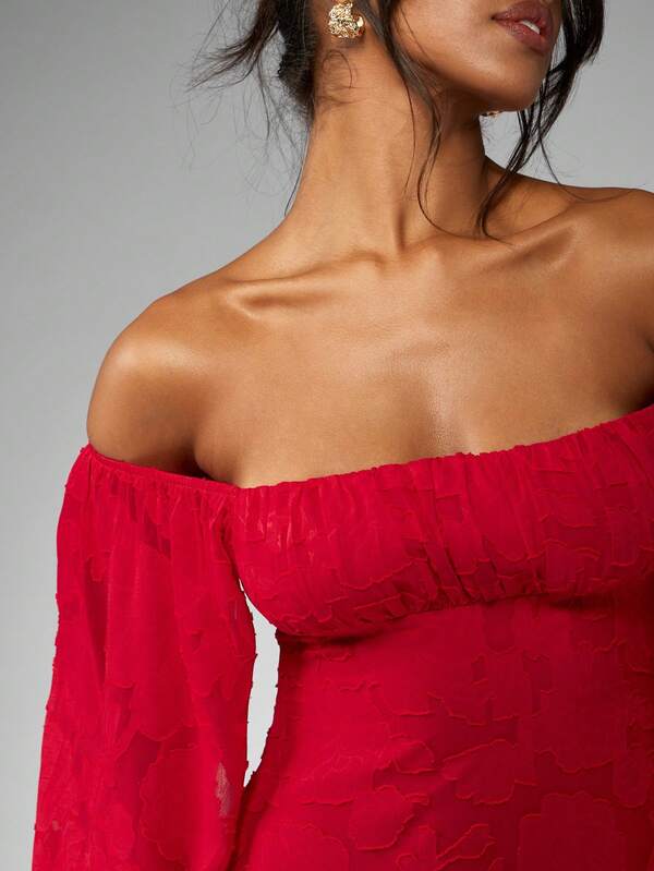 Missguided MISSGUIDED Devore Chiffon Off Shoulder Balloon Sleeve Mini Skater Dress