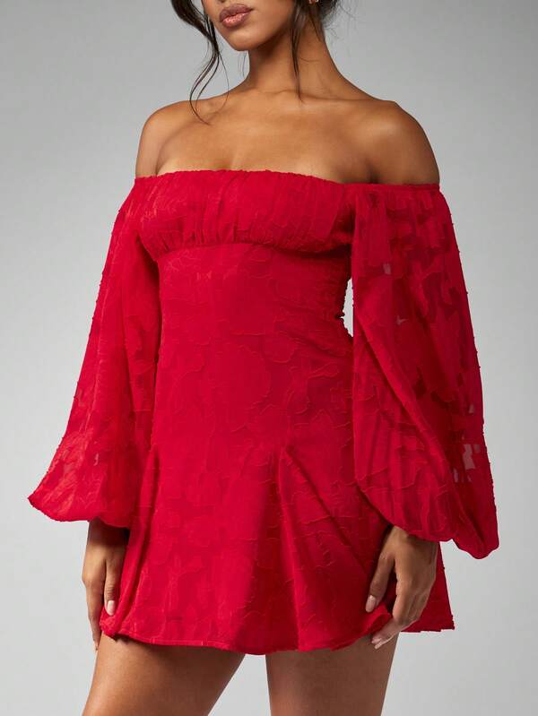 Missguided MISSGUIDED Devore Chiffon Off Shoulder Balloon Sleeve Mini Skater Dress