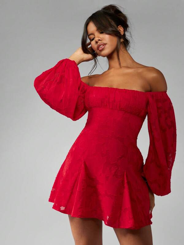 missguided MISSGUIDED Devore Chiffon Off Shoulder Balloon Sleeve Mini Skater Dress