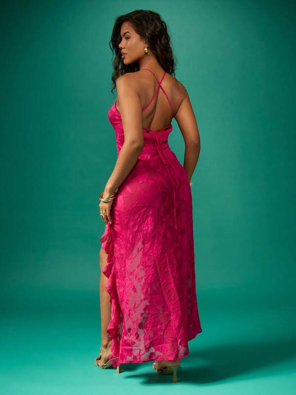 Missguided MISSGUIDED Devore Chiffon Plunge Neckline Ruffle Hem Maxi Dress