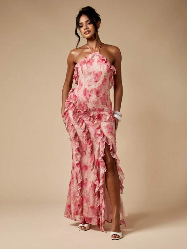 missguided MISSGUIDED Devore Chiffon Ruffle Maxi Dress With Halter Neck