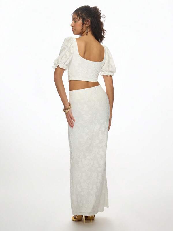 Missguided MISSGUIDED Devore Milkmaid Puff Sleeve Maxi Skirt Two-Piece Set