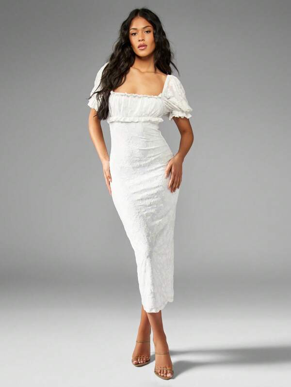 missguided MISSGUIDED Devore Milkmaid Square Neck Ruched Bust Bodycon Midi Dress