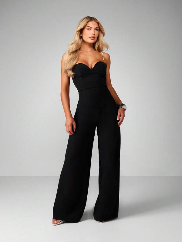 missguided MISSGUIDED Diamante Strap Cupped Wide Leg Jumpsuit