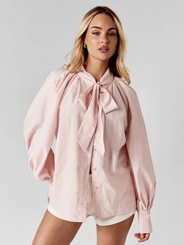 Missguided MISSGUIDED Diamante Stripe Tie Front Long Sleeve Blouse