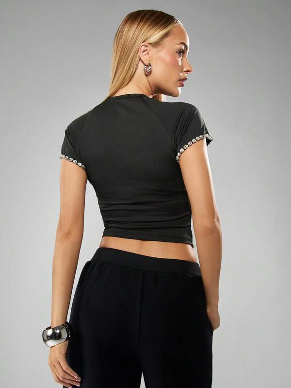 Missguided MISSGUIDED Diamante Trim Baby Tee With Crystal Edges
