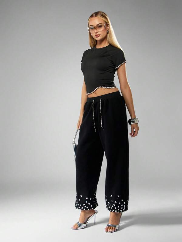 Missguided MISSGUIDED Diamante Trim Baby Tee With Crystal Edges