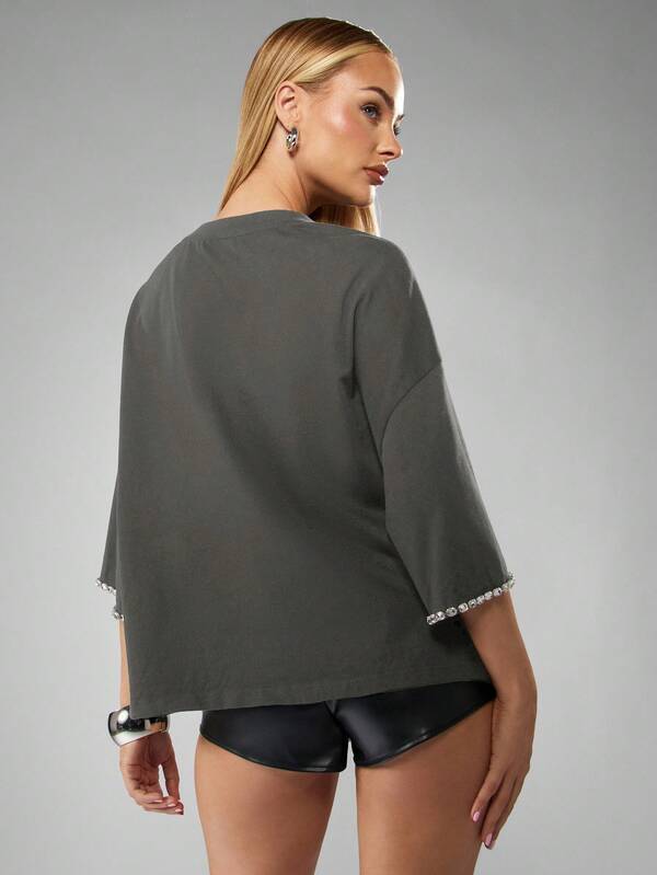 Missguided MISSGUIDED Diamante Trim Oversized T-Shirt With Rhinestone Details
