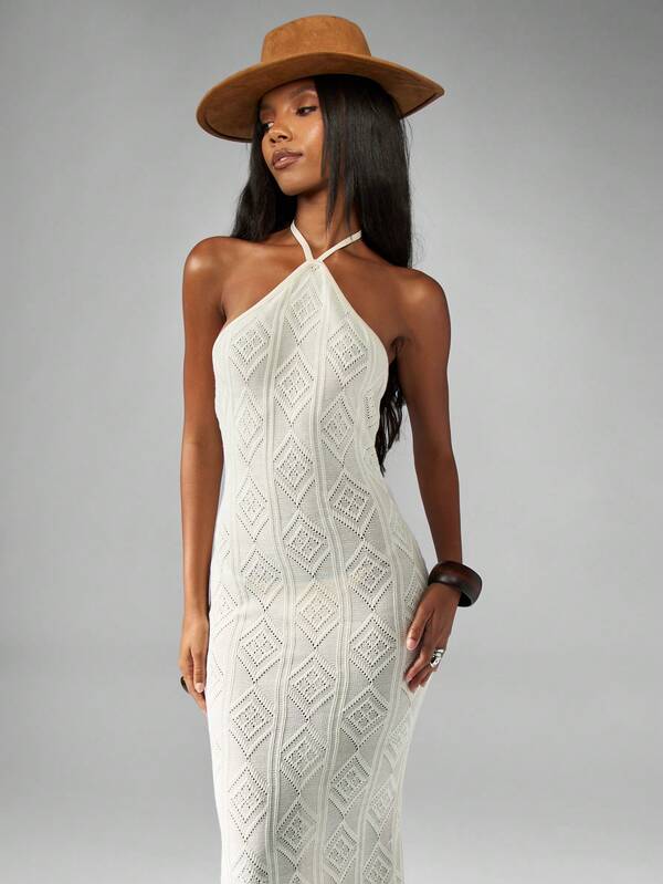 Missguided MISSGUIDED Diamond Pattern Halter Neck Maxi Dress With Crochet Design