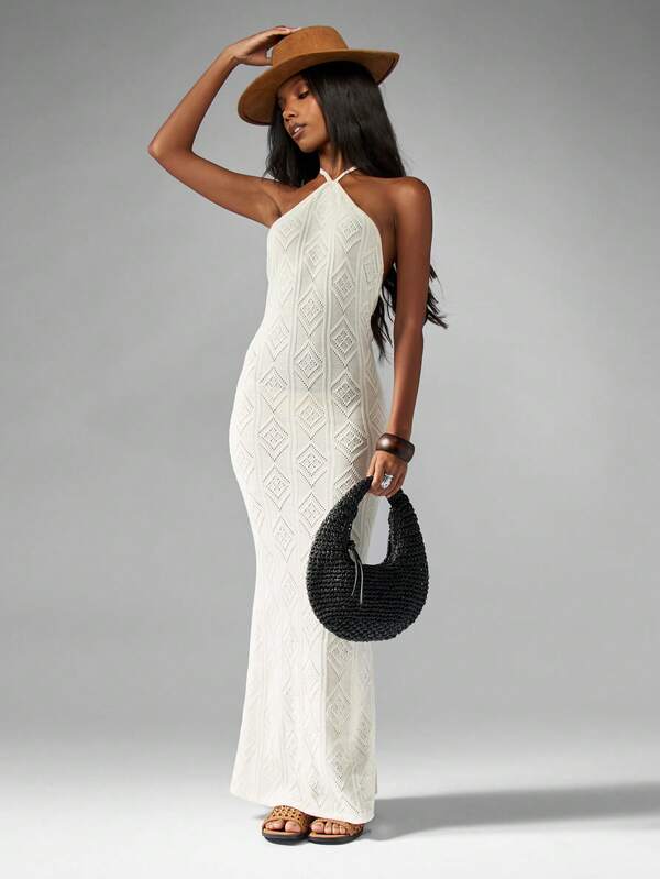 Missguided MISSGUIDED Diamond Pattern Halter Neck Maxi Dress With Crochet Design