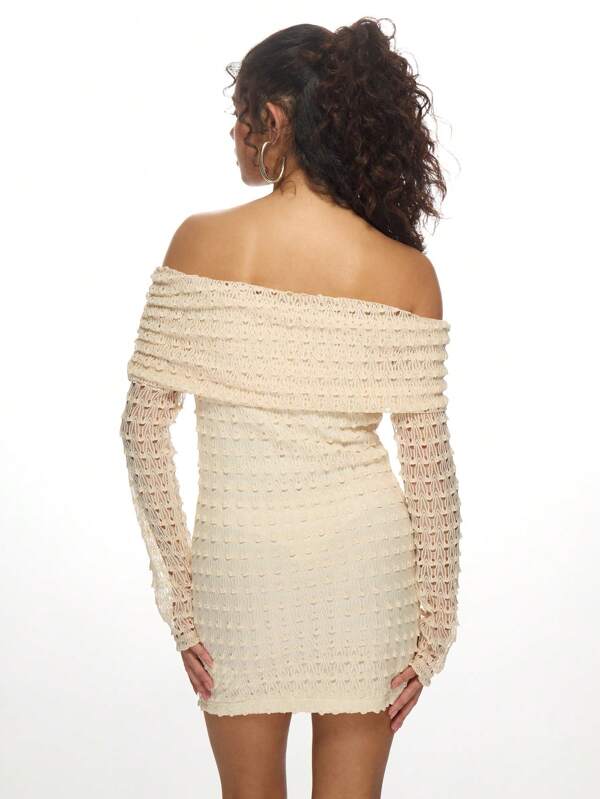 Missguided MISSGUIDED Distressed Crochet Off-Shoulder Long Sleeve Ruched Bodycon Mini Dress