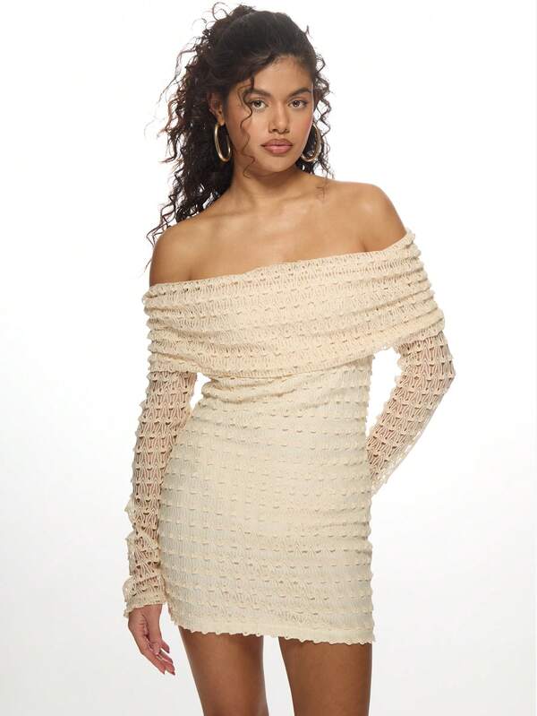 Missguided MISSGUIDED Distressed Crochet Off-Shoulder Long Sleeve Ruched Bodycon Mini Dress
