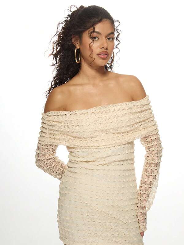 missguided MISSGUIDED Distressed Crochet Off-Shoulder Long Sleeve Ruched Bodycon Mini Dress