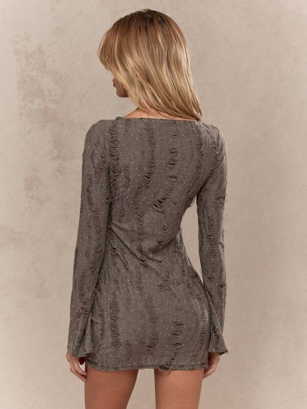 Missguided MISSGUIDED Distressed Flared Sleeve Mini Dress With Rhinestones