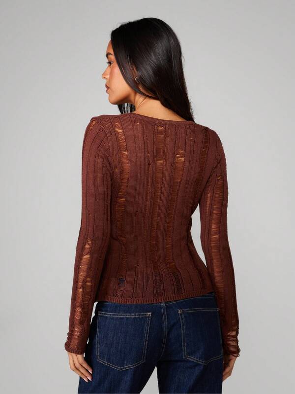 Missguided MISSGUIDED Distressed Knit Split Hem Sweater