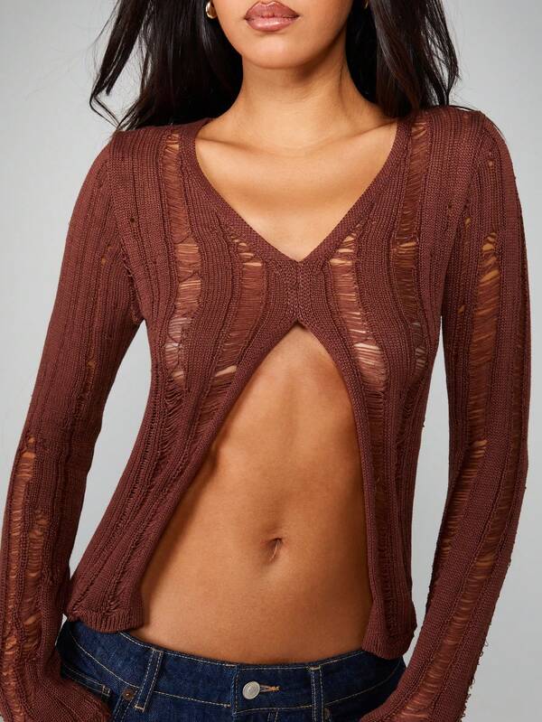 Missguided MISSGUIDED Distressed Knit Split Hem Sweater
