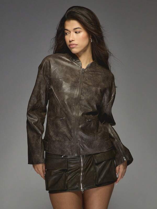 Missguided MISSGUIDED Distressed Leather Moto Combat Jacket