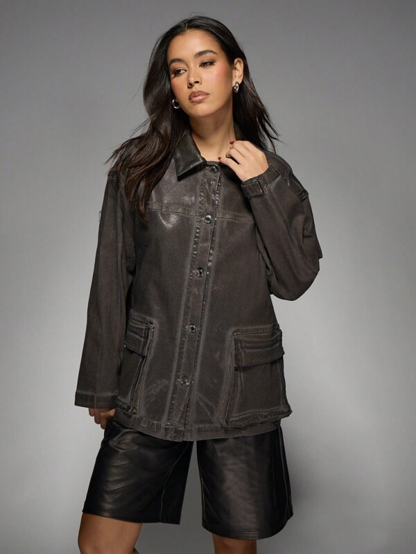 missguided MISSGUIDED Distressed Oversized Denim Utility Jacket With Cargo Pockets