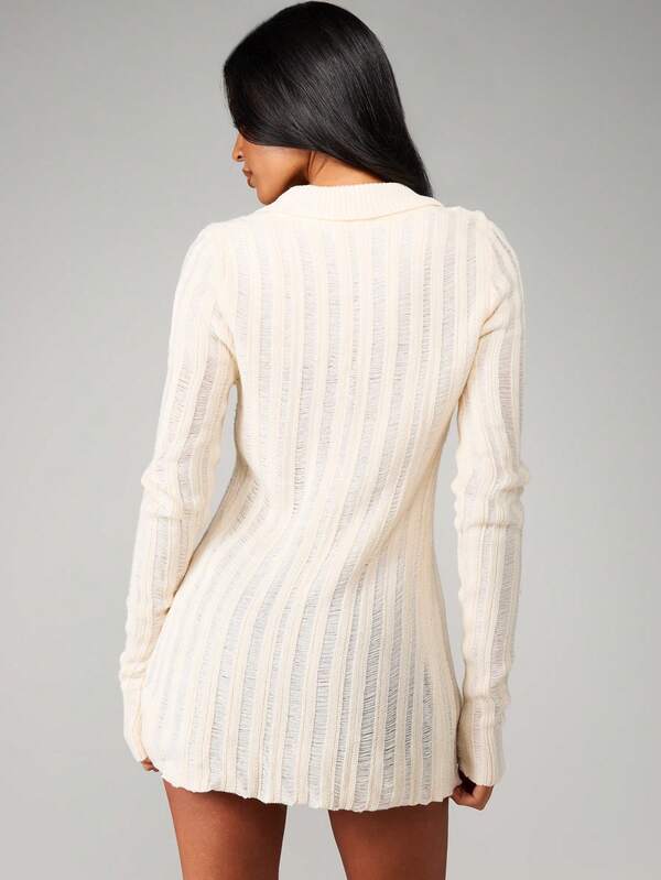 Missguided MISSGUIDED Distressed Ribbed Knit Button Up Cardigan With Collar