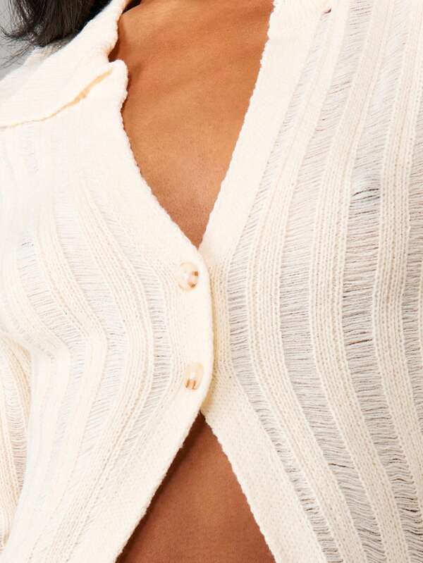Missguided MISSGUIDED Distressed Ribbed Knit Button Up Cardigan With Collar