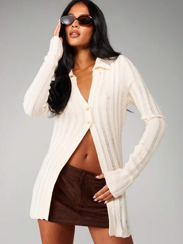 missguided MISSGUIDED Distressed Ribbed Knit Button Up Cardigan With Collar