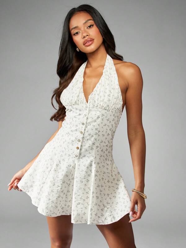 missguided MISSGUIDED Ditsy Floral Print Halter Mini Dress With Ruched Waist