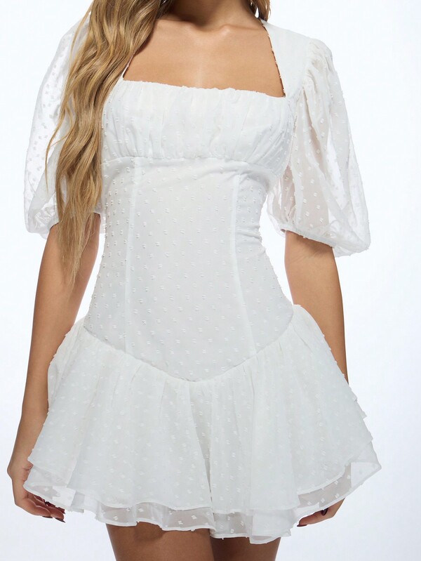 Missguided MISSGUIDED Dobby Milkmaid Puff Sleeve Square Neck Mini Dress