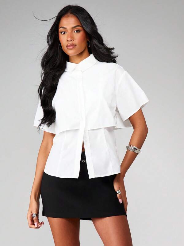 missguided MISSGUIDED Double Layer Button Blouse With Short Sleeves