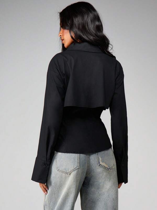 Missguided MISSGUIDED Double Layer Button Front Blouse With Cape Overlay
