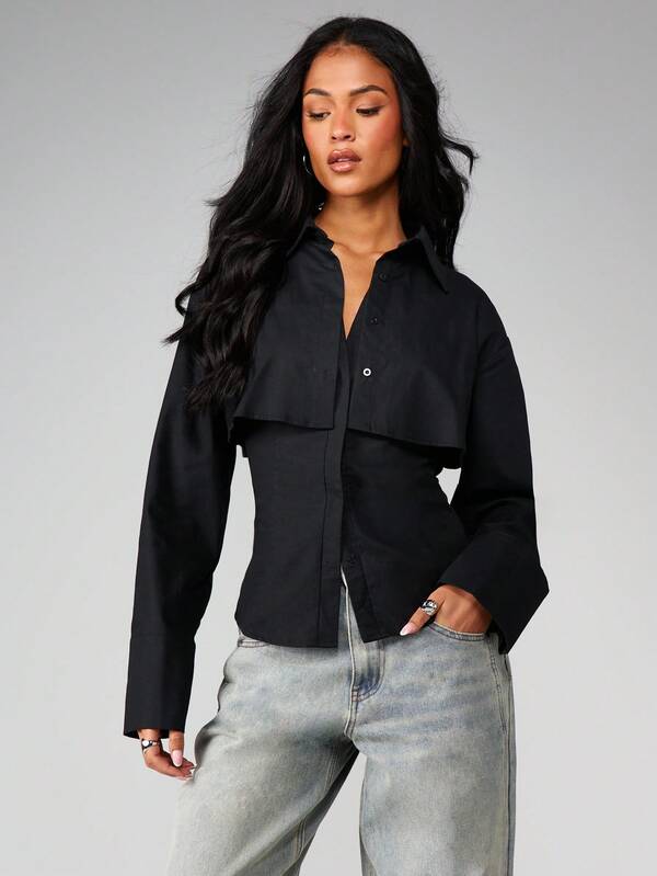Missguided MISSGUIDED Double Layer Button Front Blouse With Cape Overlay