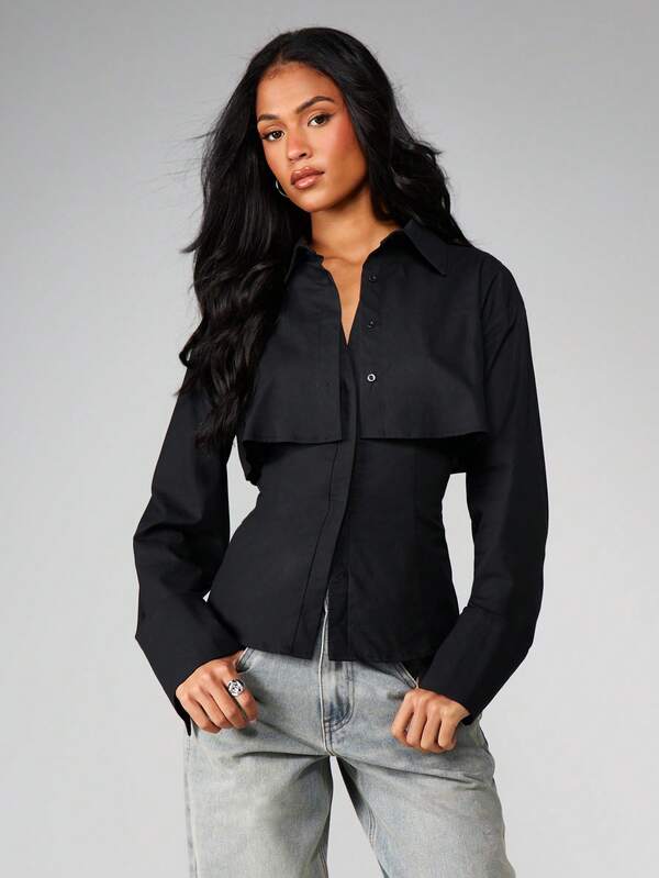 missguided MISSGUIDED Double Layer Button Front Blouse With Cape Overlay