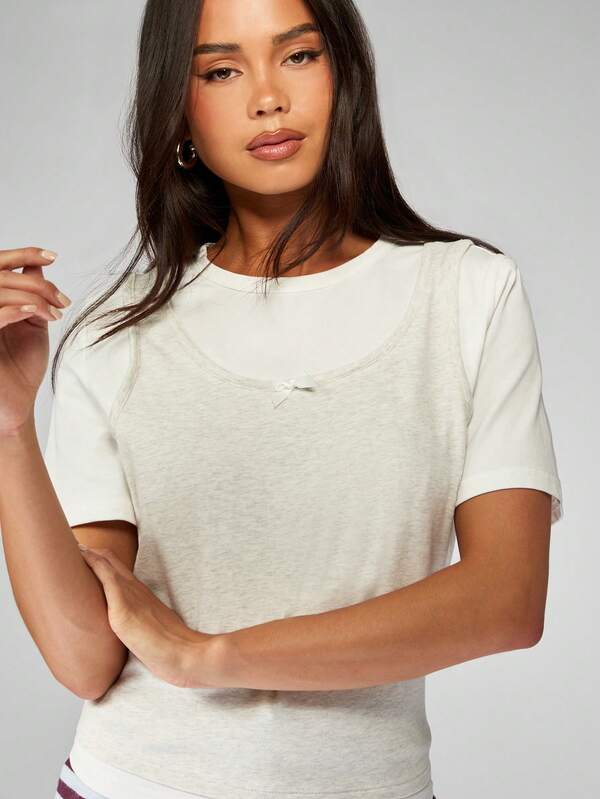 Missguided MISSGUIDED Double Layer T-Shirt With Bow Detail And Short Sleeves
