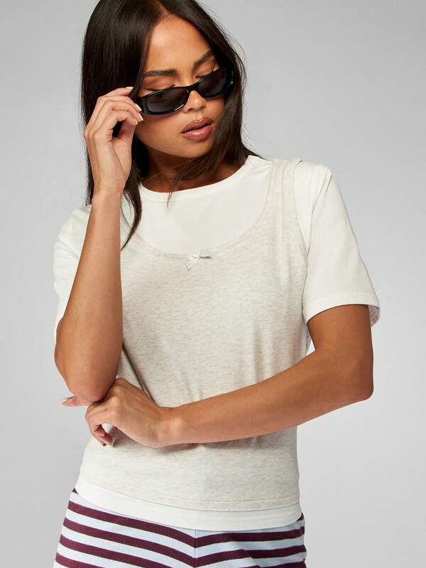 missguided MISSGUIDED Double Layer T-Shirt With Bow Detail And Short Sleeves