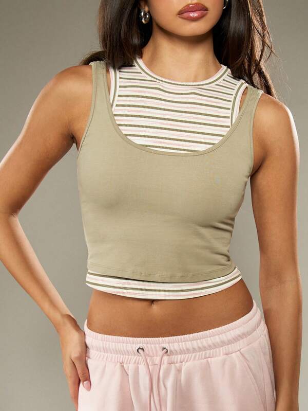 Missguided MISSGUIDED Double Layer Tank Top With Striped Ribbed Neckline