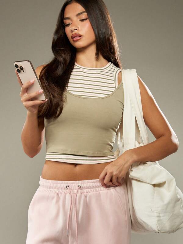 missguided MISSGUIDED Double Layer Tank Top With Striped Ribbed Neckline