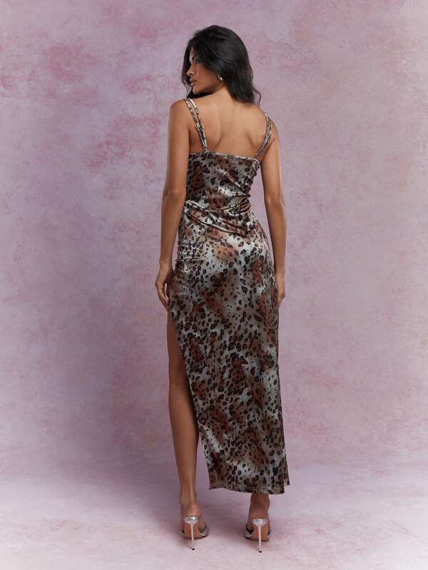 Missguided MISSGUIDED Double Strap Leopard Print Side Thigh High Slit Maxi Dress