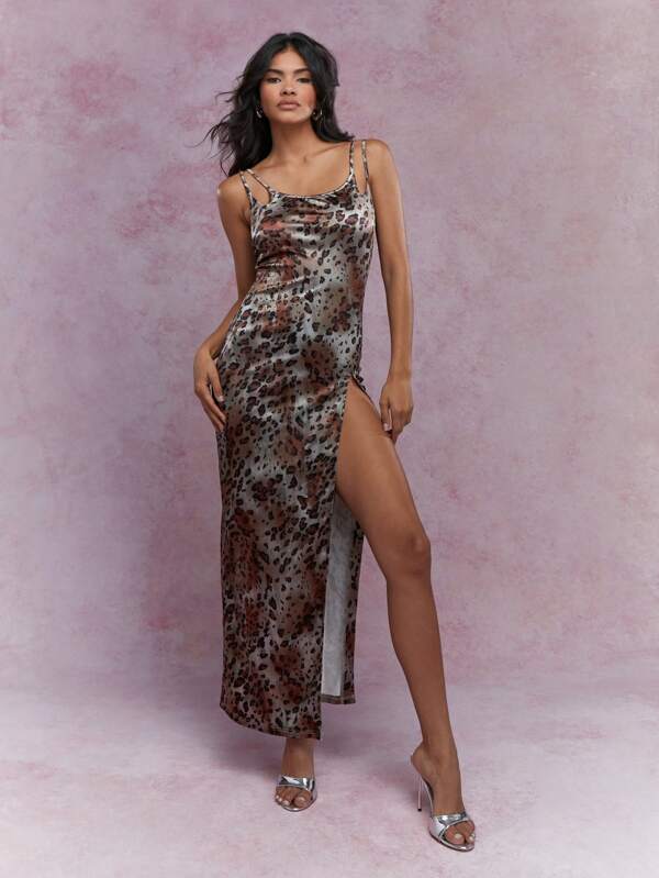 missguided MISSGUIDED Double Strap Leopard Print Side Thigh High Slit Maxi Dress