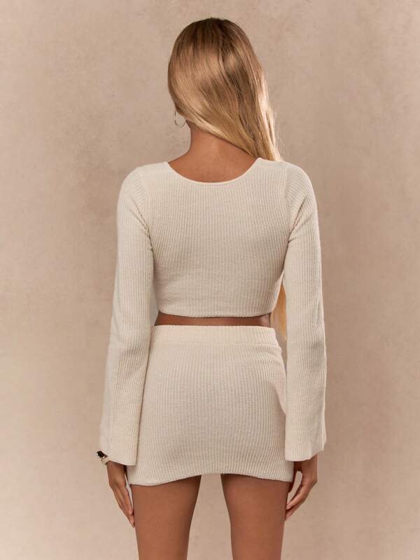 Missguided MISSGUIDED Drape Knitted Corset Detail Long Sleeves Top And Cross Drape Detail Waist Bodycon Mini Skirt Two Piece Co-Ord Set
